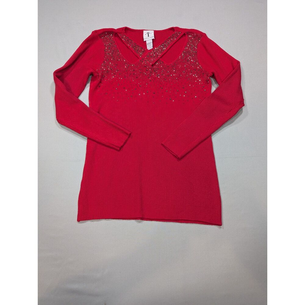 Rain & Rose Women's M Red Rhinestone Ribbed Long Sleeve Cutout Sweater Top
